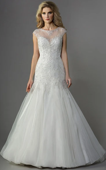 Cap-Sleeved Trumpet Gown With Appliques And Illusion Neck