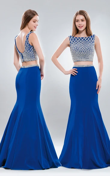 Two-Piece Trumpet Bateau Sleeveless Chiffon Low-V Back Dress With Beading