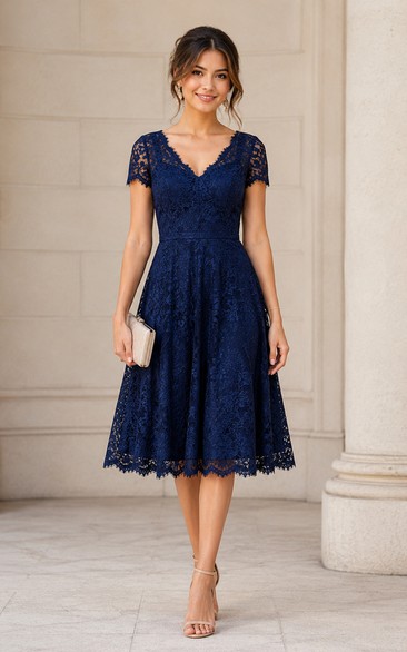 Dark Navy Lace Cap Sleeve Tea-Length Dress