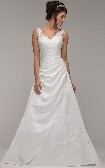 A-Line Side-Draped Floor-Length V-Neck Sleeveless Stretched Satin Wedding Dress With Appliques