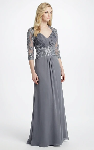 3/4 Sleeve Ruched Jersey V-Neck Gown