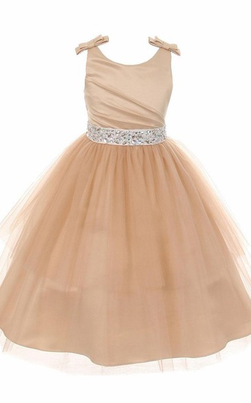 Jewel Mini Tiered Pleated Tulle&Satin Flower Girl Dress With Ribbon