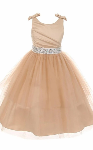 Jewel Mini Tiered Pleated Tulle&Satin Flower Girl Dress With Ribbon