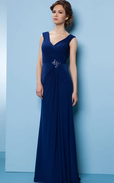 Long V-Neck Jeweled Chiffon Bridesmaid Dress With Sweep Train And V Back