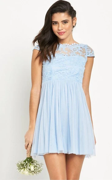 Short Bateau Neck Cap Sleeve Appliqued Chiffon Bridesmaid Dress With Low-V Back