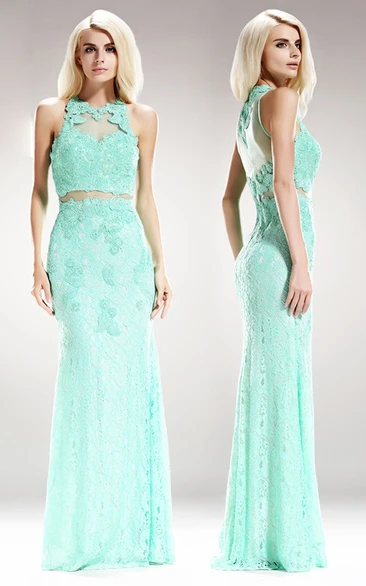 Sheath Maxi Jewel-Neck Sleeveless Lace Illusion Dress With Appliques