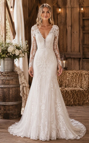 Long Sleeve Mermaid Lace Country Wedding Dress with V Neck and Chapel Train