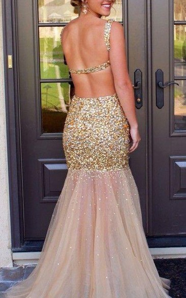 Glamorous Sleeveless Crystal Prom Dresses Mermaid Backless Tulle Evening Dress