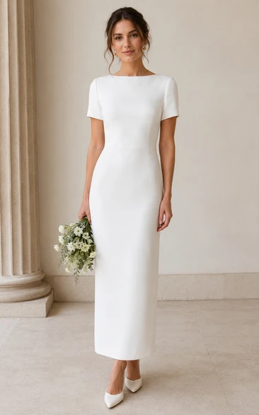 White Short Sleeve Sheath Ankle Wedding Dress