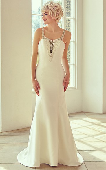 Floor-Length Straps Beaded Satin Wedding Dress With Brush Train And V Back