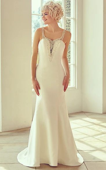 Floor-Length Straps Beaded Satin Wedding Dress With Brush Train And V Back