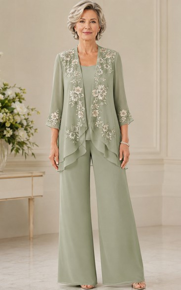 Sage Floral Embroidered Mother Pantsuit Sage Scoop Jewel Jumpsuit Ankle-length