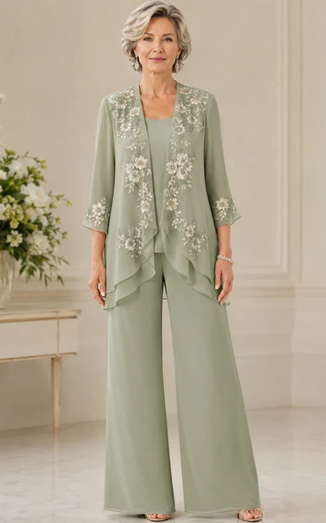 Sage Floral Embroidered Mother Pantsuit Sage Scoop Jewel Jumpsuit Ankle-length