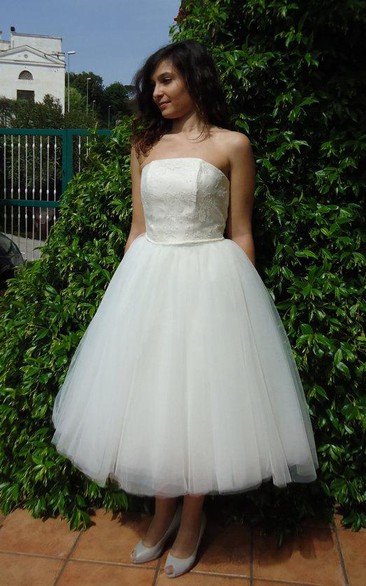 Strapless Lace and Tulle Tea Length A-Line Dress With Lace-Up Back