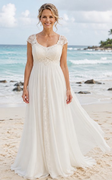 Empire Waist Beach A-Line Older Brides Wedding Dress with Lace Cap Sleeves