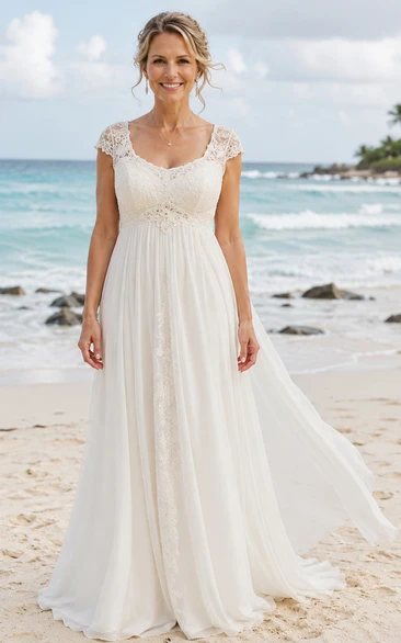 Empire Waist Beach A-Line Older Brides Wedding Dress with Lace Cap Sleeves