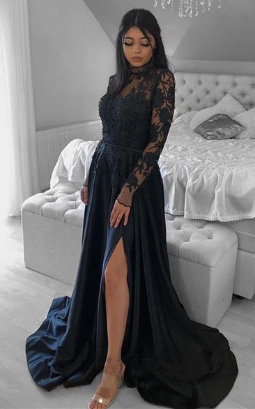 Elegant A Line High Neck Satin Prom Dress with Split Front
