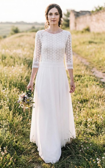 Boho Lace 3/4 Sleeve Wedding Dress with V Back and Flowing Chiffon Skirt
