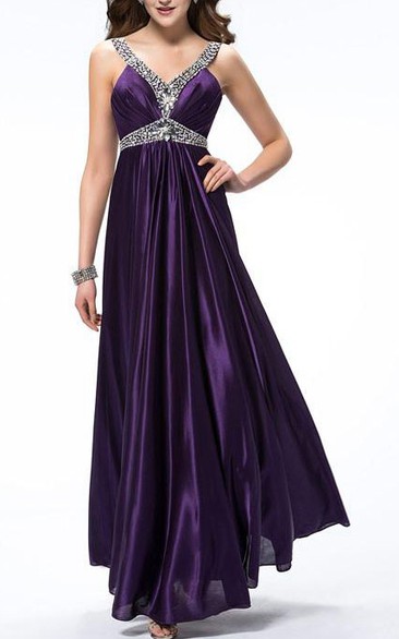 Elegant V-Neck Beading Ruched Straps Empire Floor-Length Evening Dress