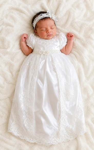 Baby Christening Gown Modest A-Line Puff Sleeve Tulle Lace Floor-Length with Bow Sash in White