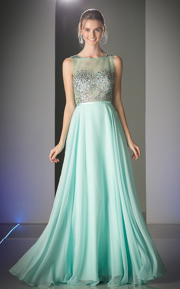 A-Line Scoop-Neck Sleeveless Chiffon Keyhole Dress With Beading And Pleats