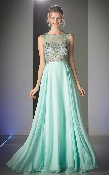 A-Line Scoop-Neck Sleeveless Chiffon Keyhole Dress With Beading And Pleats