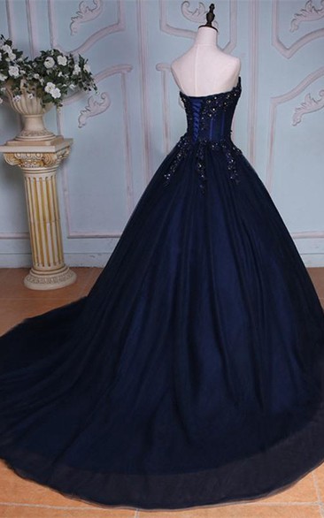 Ball Gown Floor-Length Sweetheart Sleeveless Bell Beading Appliques Court Train Corset Back Tulle Lace Dress