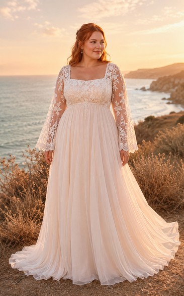 Plus Size Ivory Square Neck Long Sleeve Tulle A-Line Wedding Dress