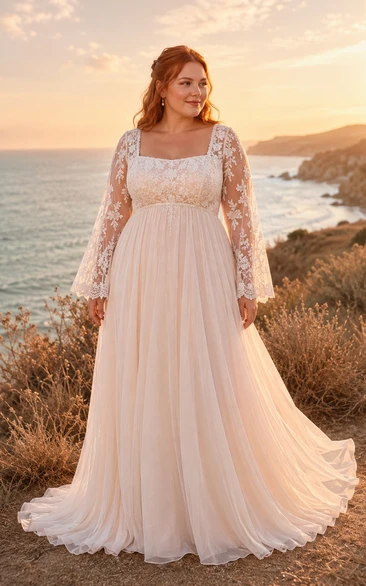 Plus Size elfenbeinfarbenes Brautkleid mit eckigem Ausschnitt, langen Ärmeln und Tüll in A-Linie