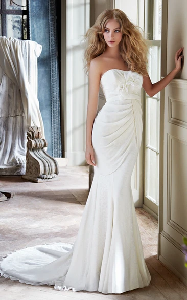 Graceful Strapless Draped Long Gown With Floral Embellished Bodice