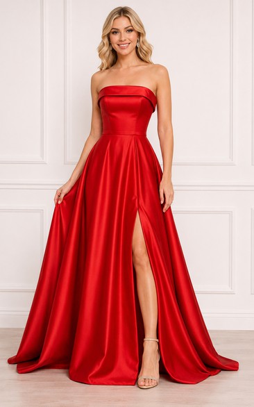 Red Strapless Satin A-Line Formal Dress with Sweetheart Neckline and Slit