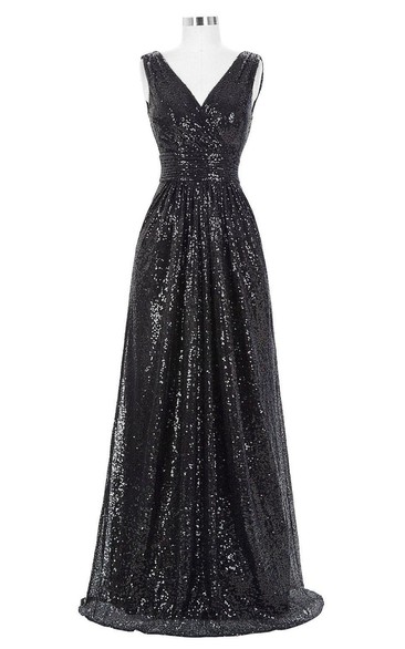 V-neck Long Dress with All Over Sequins and Ruching