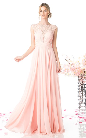 A-Line Bateau Cap-Sleeve Chiffon Illusion Dress With Lace And Pleats