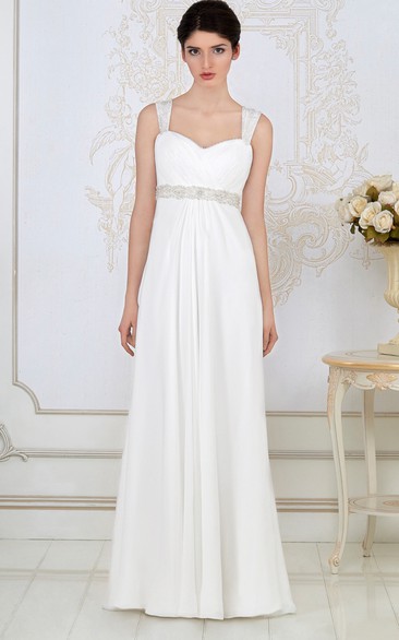 Sheath Long Empire Ruched Sleeveless Strapped Chiffon Wedding Dress With Waist Jewellery