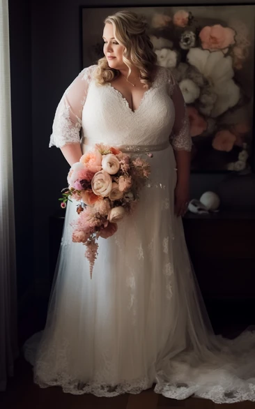 V-neck Tulle Illusion Half-sleeve Plus Size Wedding Dress