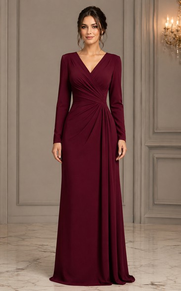 Burgundy V-neck Ruched Sheath Formal Dress