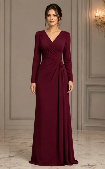 Burgundy V-neck Ruched Sheath Formal Dress