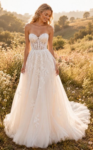 Strapless A-Line Lace Country Wedding Dress with Corset Bodice and Soft Train