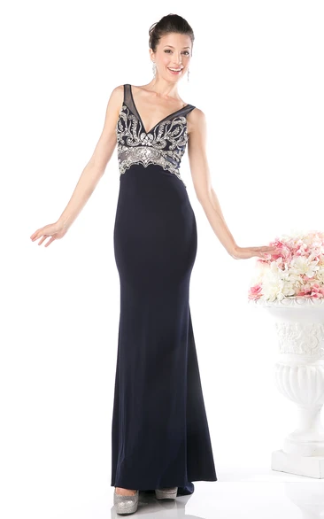 Sheath V-Neck Sleeveless Jersey Deep-V Back Dress With Beading