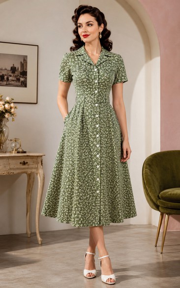 Chiffon Vintage Cocktail Dress in Sage, Square A-Line Tea-Length Gown with Floral Print and Button
