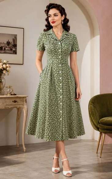 Chiffon Vintage Cocktail Dress in Sage, Square A-Line Tea-Length Gown with Floral Print and Button