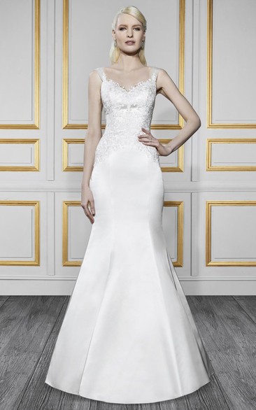 Trumpet Appliqued Floor-Length Sleeveless V-Neck Lace&Satin Wedding Dress With Brush Train And Deep-V Back