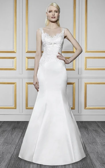 Trumpet Appliqued Floor-Length Sleeveless V-Neck Lace&Satin Wedding Dress With Brush Train And Deep-V Back