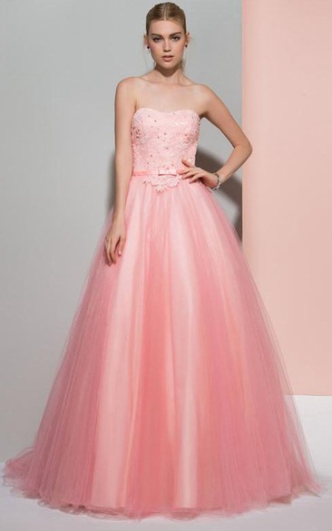 A-Line Strapless Beading Lace Sashes Sweep Train Prom Dress