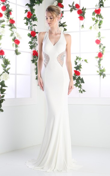 Sheath Long V-Neck Sleeveless Jersey Sweep Train Straps Dress With Beading