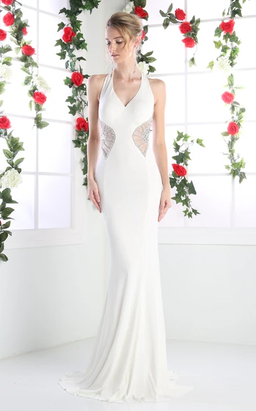 Sheath Long V-Neck Sleeveless Jersey Sweep Train Straps Dress With Beading