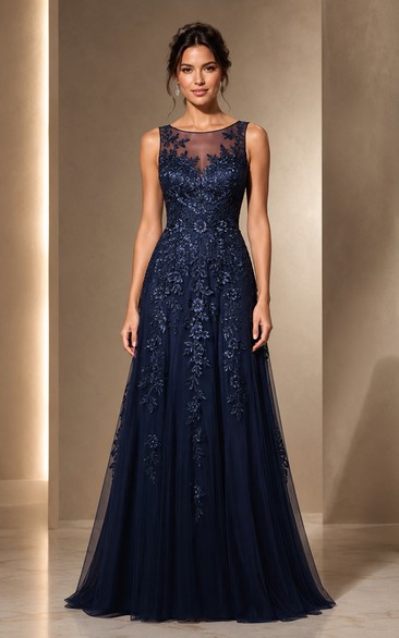 Tulle Prom Dress in Dark Navy, Jewel A-Line Floor-Length Gown with Appliques and Lace