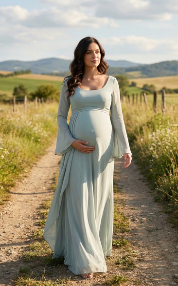 Celadon Maternity Bridesmaid Dress with Scoop Neck, Long Bell Sleeves & Chiffon A-Line Skirt