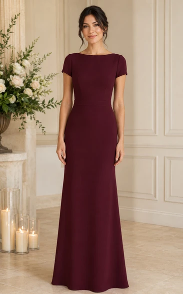 Burgundy Bateau Short Sleeve Sheath Bridesmaid Dress