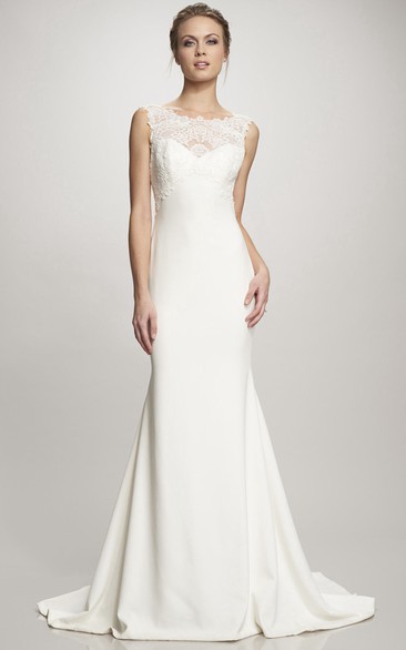 Sheath Lace Sleeveless Floor-Length Bateau Satin Wedding Dress With Deep-V Back And Court Train